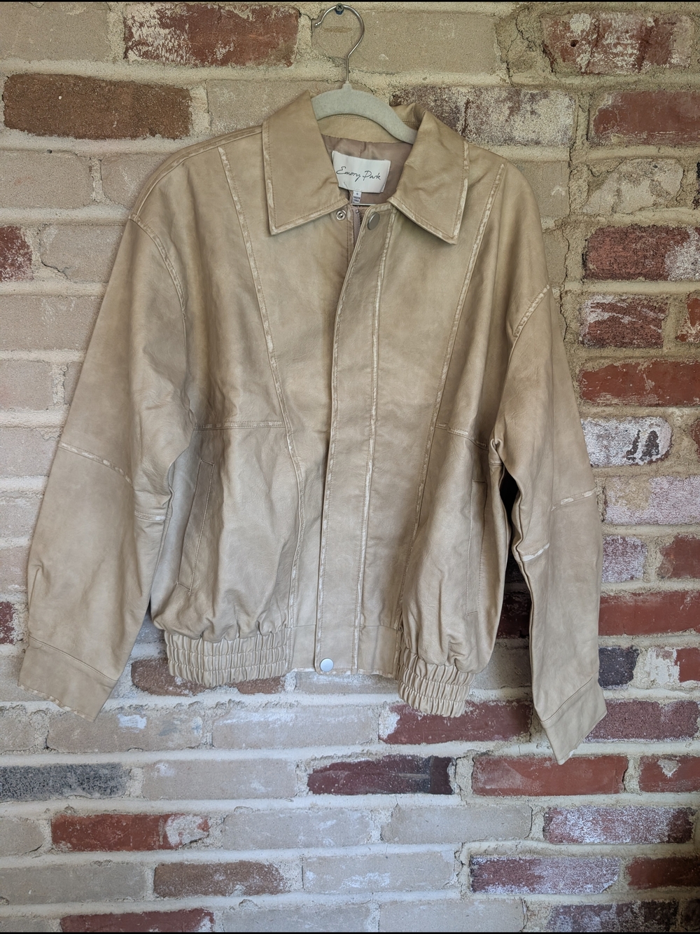 emory park Light Tan Faux Leather Bomber Jacket